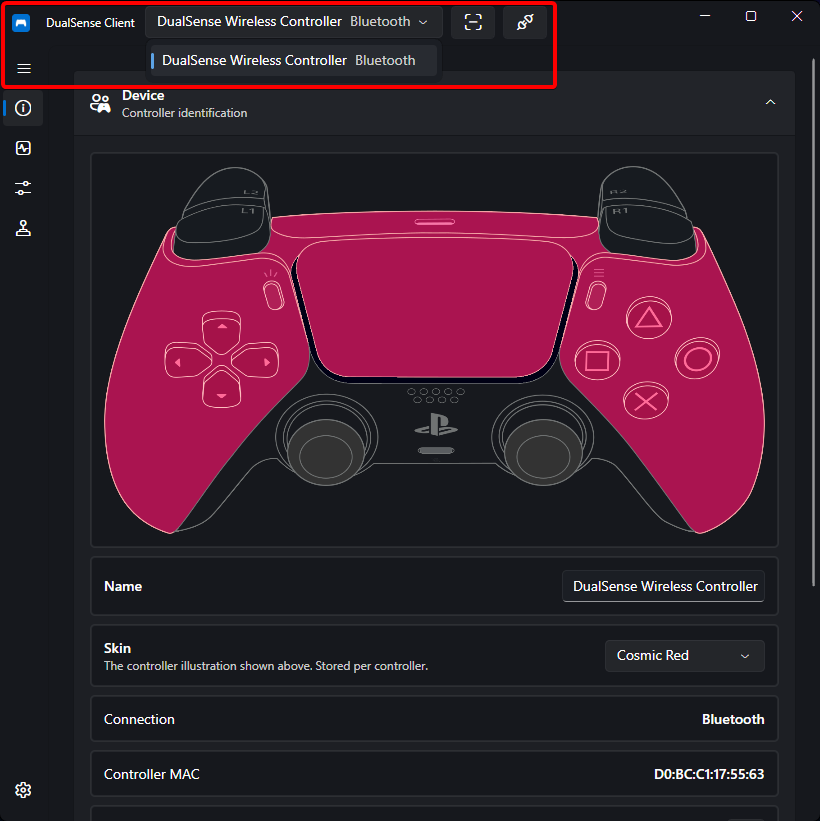 Title-bar controller picker with Scan and Disconnect controls