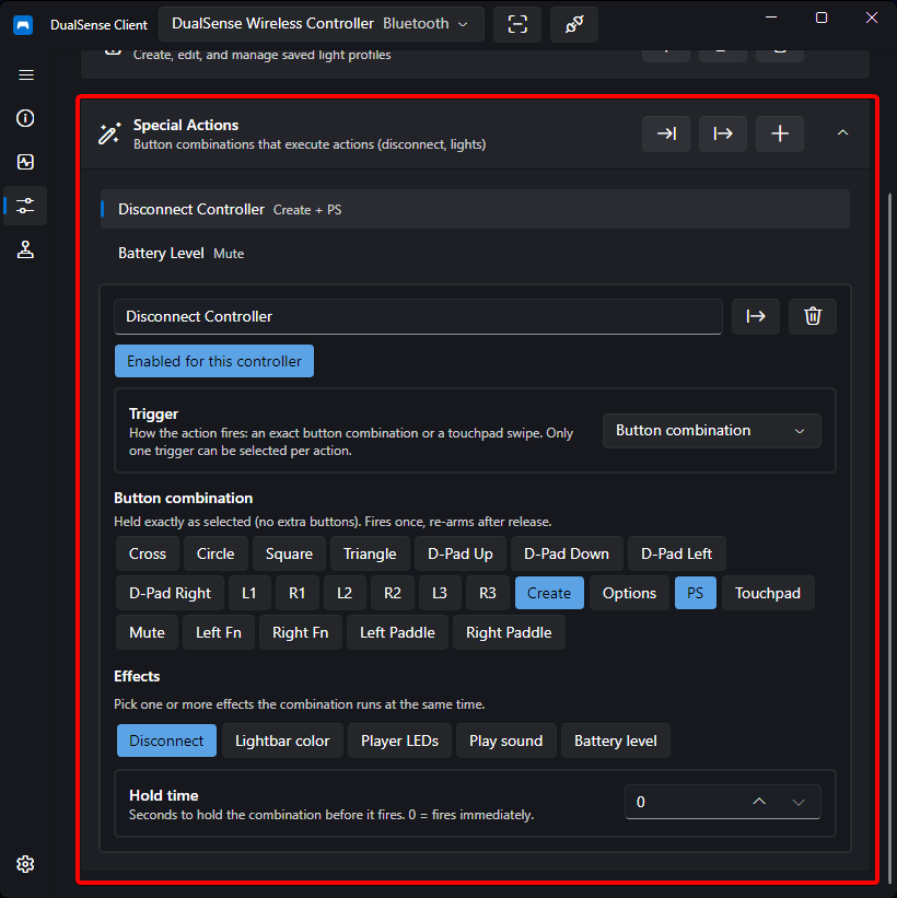 Special Actions section on the Profile page