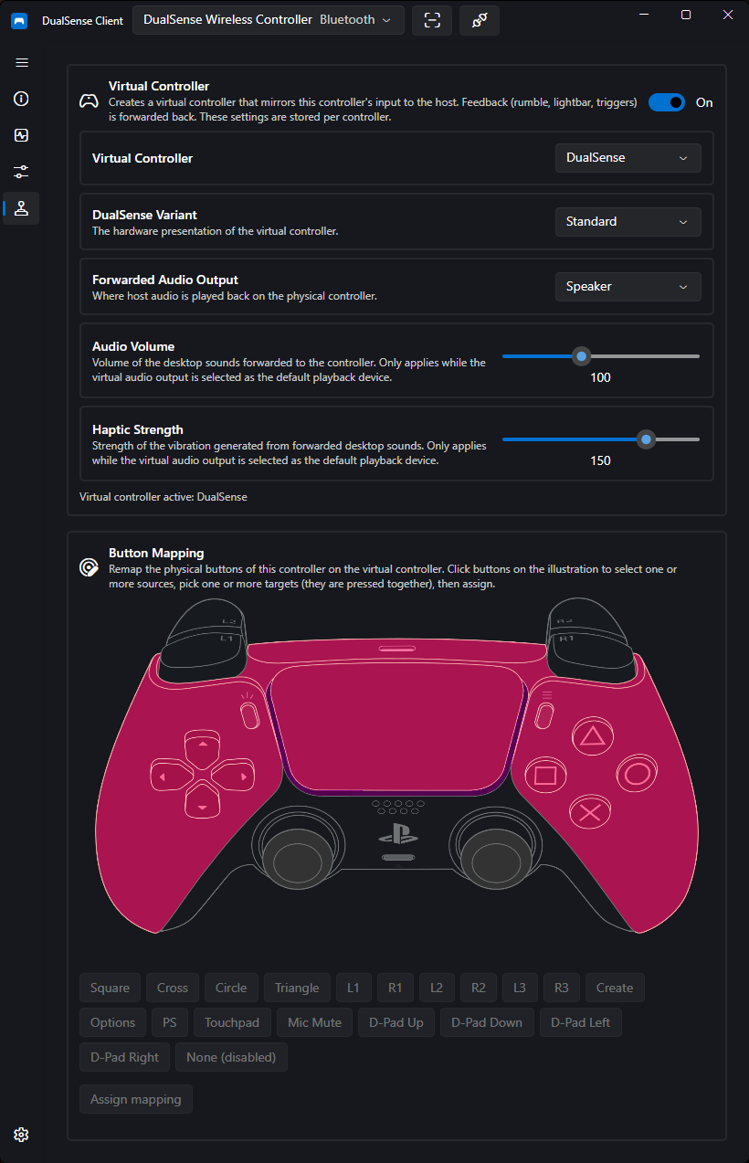 DualSense remapping — combo list with None (disabled)